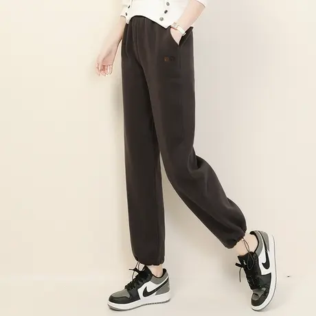 新品8.5折】复古松紧腰加绒束脚运动卫裤女刺绣休闲长裤图片
