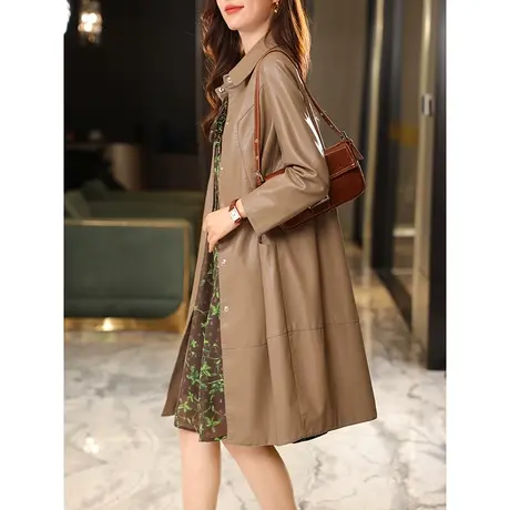 宝诗黎中长款单排扣皮质外套直筒宽松气质薄大衣女装2023秋季新款商品大图