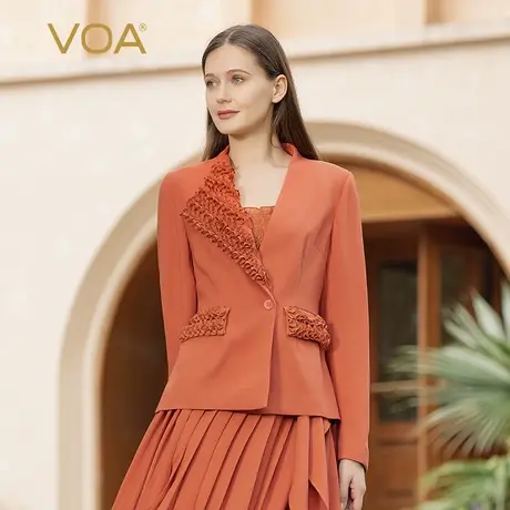 VOA51姆米重磅真丝V领不对称设计木耳花装饰盖袋时尚小香风短外套商品大图