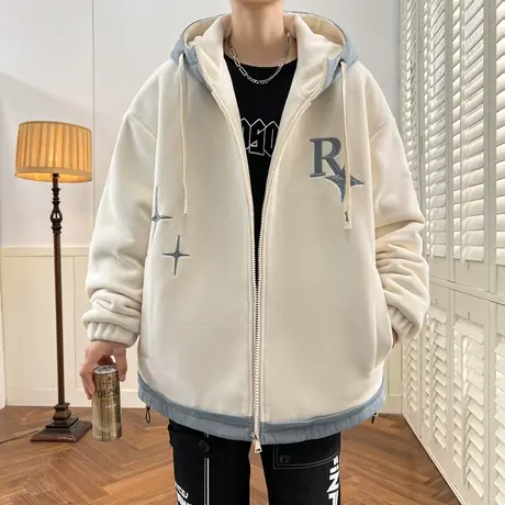 奥粒绒夹克男秋冬款连帽保暖外套男青少年字母刺绣摇粒绒拼接棉衣图片