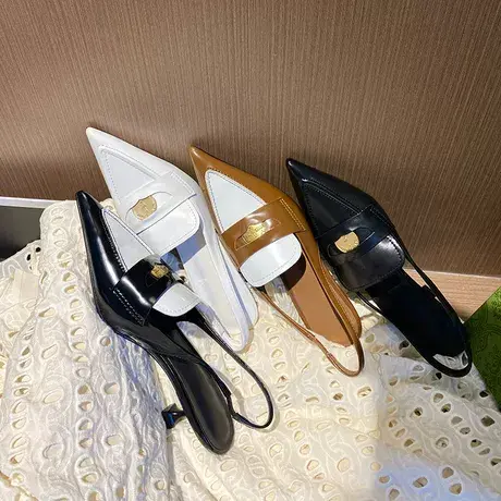 高版2023年新款miu家金币尖头猫跟凉鞋女浅口高跟鞋法式复古单鞋商品大图