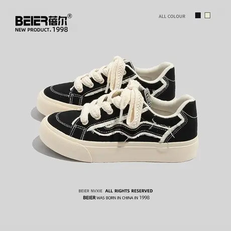 蓓尔毛毛边黑色帆布鞋女2023早春新款韩版百搭休闲鞋学生滑板鞋子商品大图