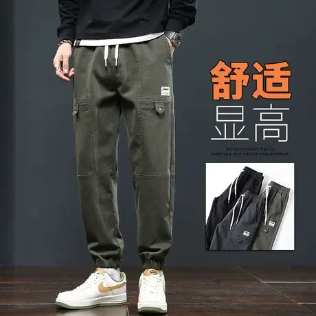 军绿色大码工装秋冬季新款男士设计感多口袋痞帅高街束脚休闲裤子图片