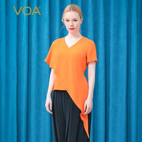 VOA30姆米重磅桑蚕丝V领盖肩喇叭中袖不对称斜角森女橙黄厚丝绸T图片