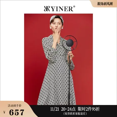 YINER音儿女装秋季v领收腰a字裙桑蚕丝格子连衣裙图片