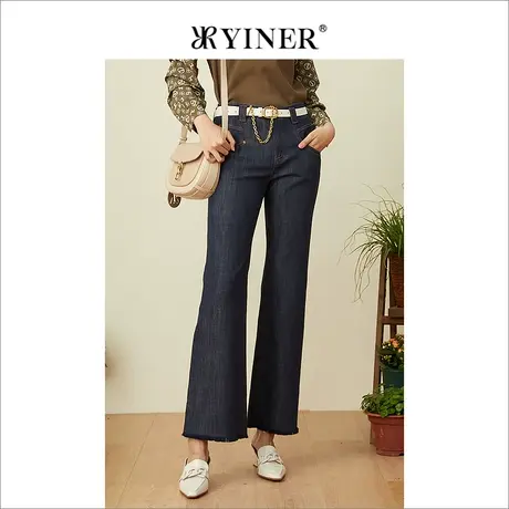 YINER音儿女装春季时尚贴布毛边微喇牛仔裤长裤商品大图