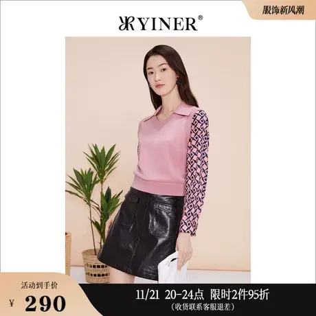 YINER音儿线上专选女装2023春季通勤撞色拼接海鸥领针织衫上衣商品大图