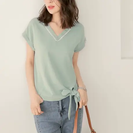 桔熊夏季浪漫凉爽雪纺衫Ｖ领下摆绑带宽松短袖上衣女大码AB17249图片