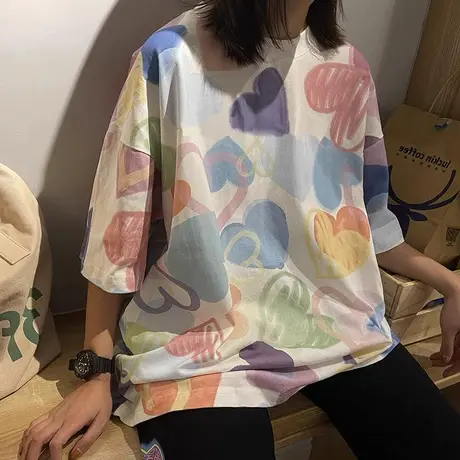 情侣短袖t恤女ins潮字母印花闺蜜装白色衣服半袖夏季宽松灰色上衣商品大图