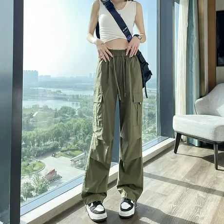 军绿色美式工装裤女夏季薄款宽松直筒高腰显瘦休闲束脚阔腿长裤子图片