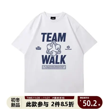 男夏季t恤趣味徒步字母印花纯棉短袖嘻哈体恤学生潮流宽松上衣商品大图