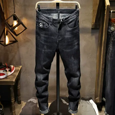 春夏款黑色牛仔裤男士韩版修身小脚裤潮流男装长裤男潮牌青年商品大图