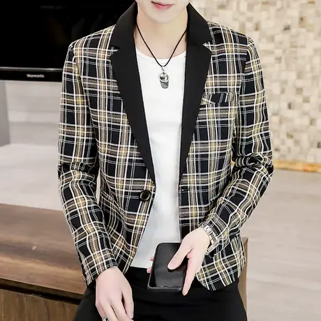 西服外套男春秋季潮流韩版休闲格子上衣高级感男装个性帅气小西装图片