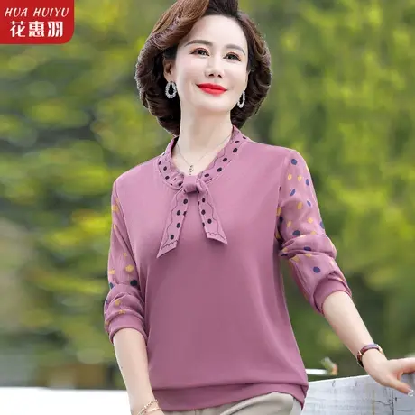 妈妈款洋气长袖T恤中年女秋装衬衣50-60岁中老年人夏装小衫上衣服商品大图