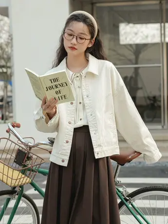 设计感小众米白色牛仔外套女宽松春秋新款百搭工装夹克短款上衣潮商品大图