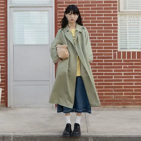 omont蛋挞家 复古撞色格子里布双排扣风衣女春中长款收腰显瘦外套商品大图