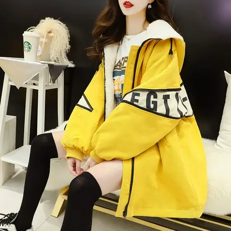 加绒加厚棉衣外套女春季2024新款韩版宽松棉袄大衣百搭中长款棉服图片