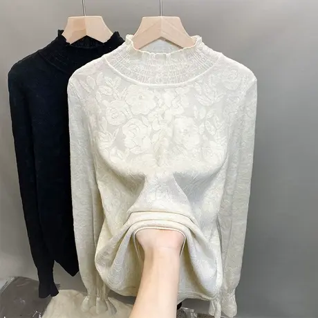 半高领毛衣女打底衫2023秋冬新款套头蕾丝外穿针织衫内搭洋气上衣图片