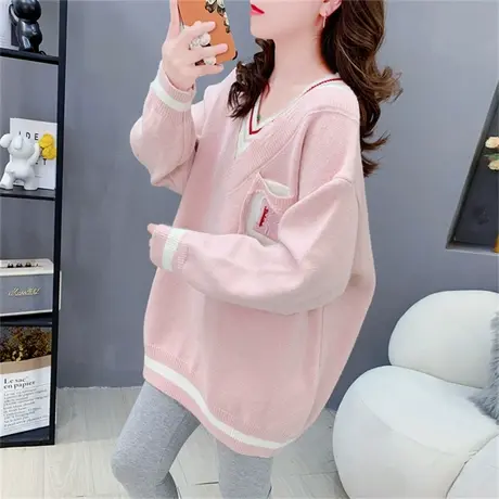 学院风V领假两件套头毛衣女秋冬新款女装宽松慵懒风打底针织衫潮商品大图