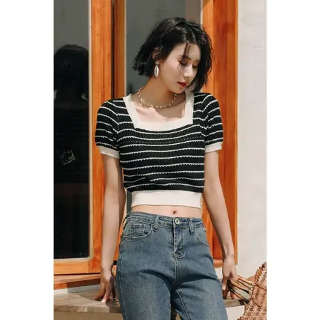 弥古法式方领条纹针织衫薄款冰丝短袖泡泡袖上衣女夏短款露脐t恤商品大图