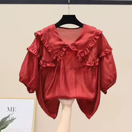 衬衫女欧洲站2023夏季新款洋气V领木耳花边娃娃领衬衣宽松显瘦T恤图片