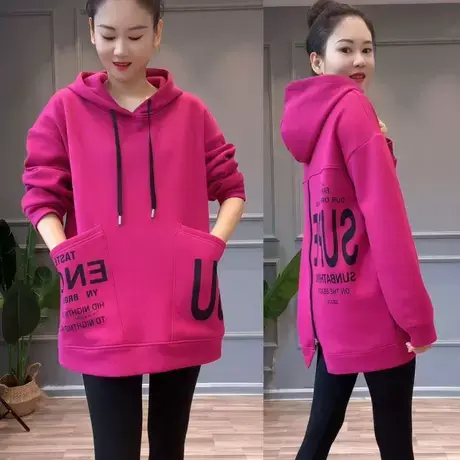 加绒加厚时尚后背拉链连帽卫衣女2023年冬季新款宽松中长款上衣潮图片