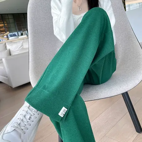 绿色阔腿裤女春秋冬季加绒直筒宽松高腰垂感针织休闲开叉拖地裤子图片