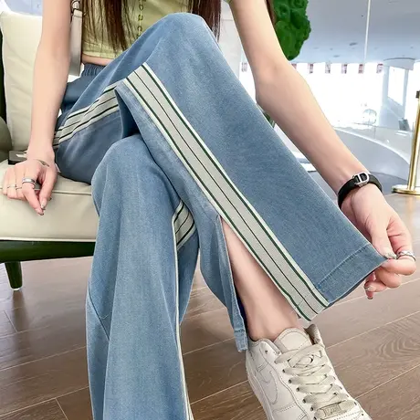 天丝阔腿牛仔裤女2023年新款夏季开叉直筒高腰冰丝垂感拖地长裤薄商品大图