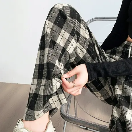 毛呢格子阔腿裤女春秋冬新款高腰显瘦休闲裤复古黑白格纹直筒长裤商品大图