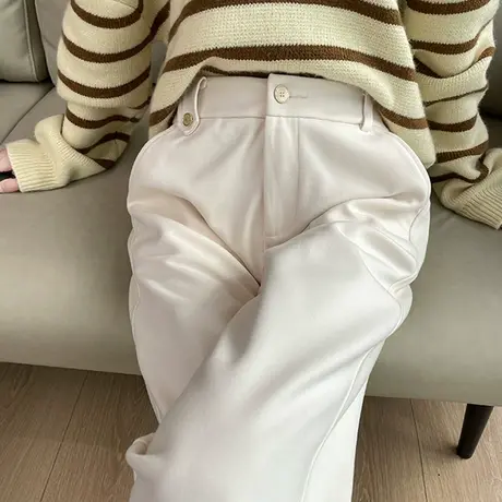 杏色直筒毛呢裤子女秋冬新款小个子高腰宽松休闲西装裤九分烟管裤商品大图