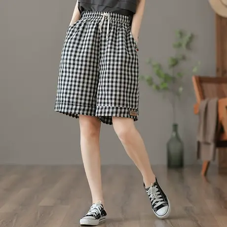 dza 高腰显瘦格子五分裤女士夏季薄款亚麻短裤宽松阔腿休闲棉麻裤图片