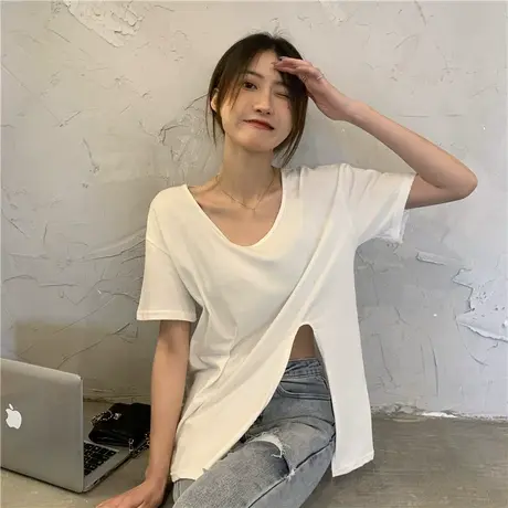 开叉v领短袖t恤女装夏季2024新款设计感锁骨别致上衣服温柔慵懒风商品大图