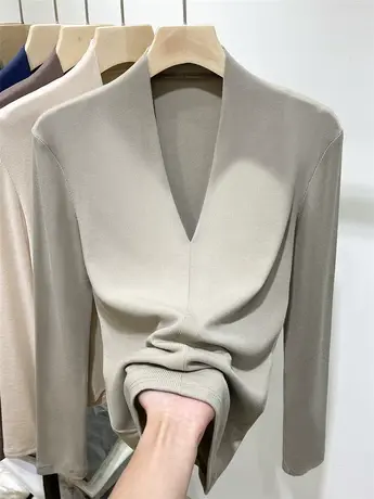 欧货螺纹内搭V领打底衫女2023年早春新款修身洋气高级感小衫上衣商品大图