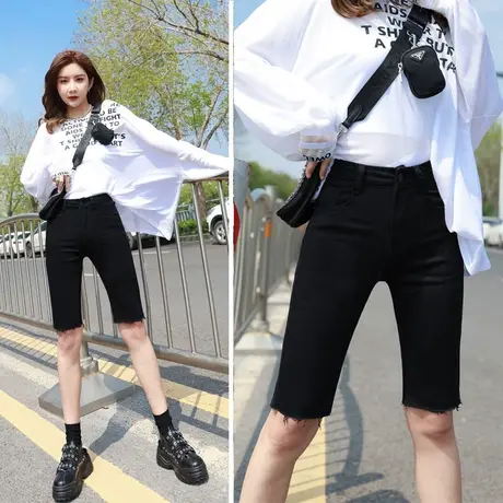 2023牛仔五分裤女夏破洞紧身骑行裤休闲大码弹力潮高腰中裤2023图片