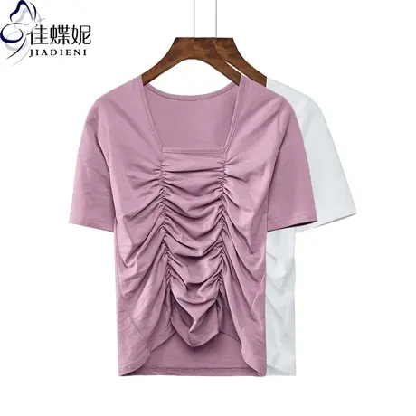 夏季新款韩版纯白方领修身显瘦褶皱纯色短袖体恤上衣女打底衫紫色商品大图