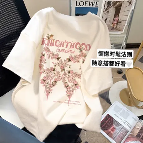 夏季新款t恤女oversize宽松ins潮牌短袖蝴蝶结设计感正肩大码上衣商品大图