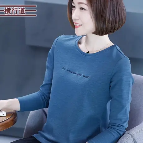 纯棉上衣打底衫2025圆领长袖字母刺绣长袖t恤女装竹节棉宽松春装商品大图