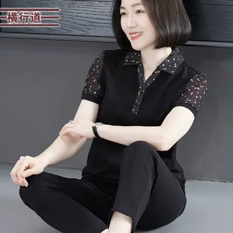 2025夏季新款韩版简约休闲翻领纽扣碎花拼接短袖T恤外穿大码女装图片