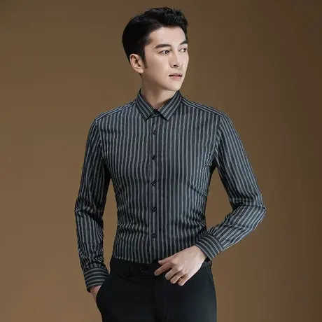 POWO衬衫男长袖商务正装深灰色条纹时尚潮流商务修身正装衬衣免烫图片