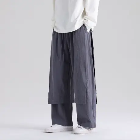 中国风棉麻休闲裤男加肥加大码宽松个性裙裤假两件青年长裤复古潮商品大图