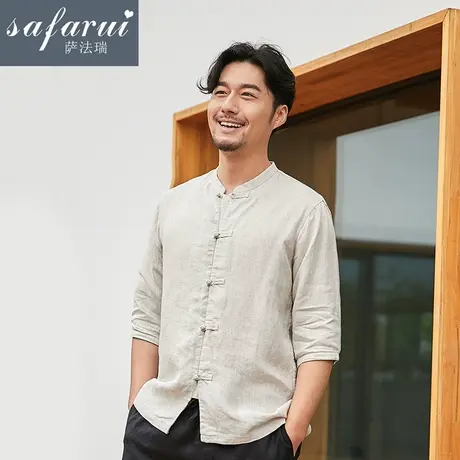 亚麻衬衫男七分袖宽松大码中国风中式立领夏季棉麻男装7分袖中袖商品大图