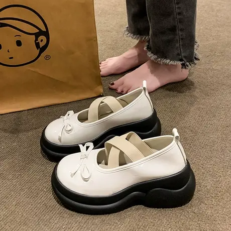 春秋网红同款银色厚底玛丽珍小皮鞋女复古学生英伦风蝴蝶结JK单鞋图片