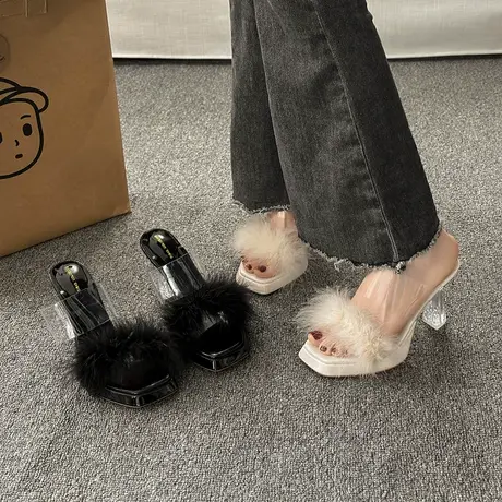 仙女风毛毛凉拖鞋女外穿防水台增高2024年夏季新款粗跟性感高跟鞋图片