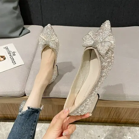 法式小众高跟鞋女2024年春季新款时尚尖头蝴蝶结水钻浅口粗跟单鞋图片
