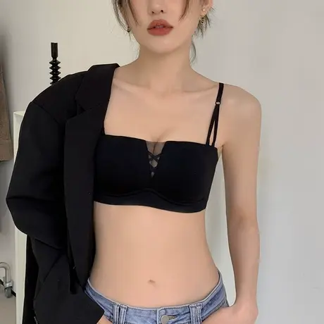 防走光抹胸式内衣女薄款聚拢大胸显小胸罩无钢圈收副乳无肩带文胸图片