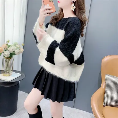 短款小个子条纹圆领毛衣女秋冬2023新款韩版宽松加厚复古外穿上衣图片