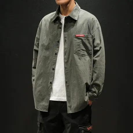 春秋日系复古亚麻长袖衬衫男士韩版潮流休闲棉麻衬衣外套大码上衣商品大图