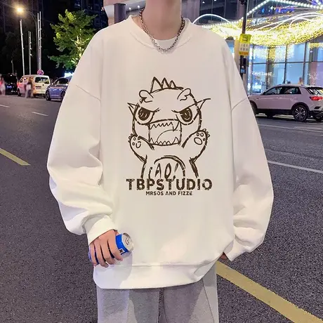 加绒加厚圆领卫衣男春秋季2024新款宽松卡通印花潮流无帽套头上衣商品大图