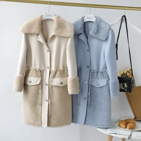 【直播】粉红大布娃娃休闲羊毛双面呢拼接中长大衣图片