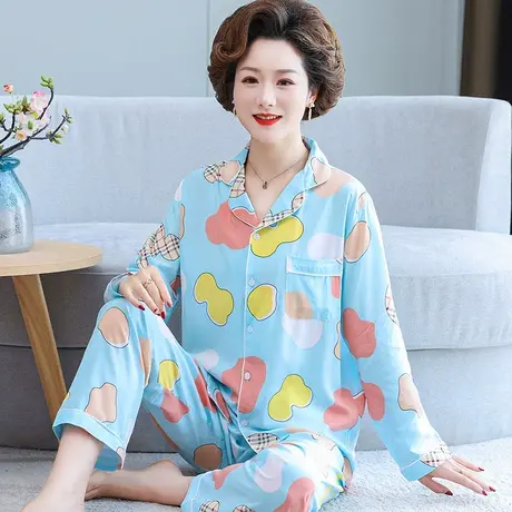 北极绒棉绸睡衣女妈妈开衫套装夏季老年人造棉长袖裤中老年家居服商品大图